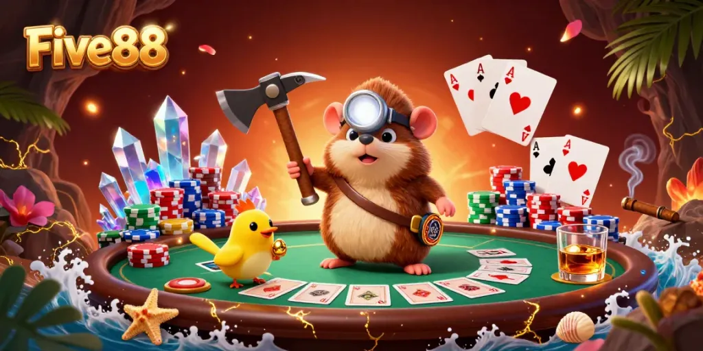 Experience the thrill of Five88 with a treasure hunter mole navigating a vibrant, gem-filled cave.