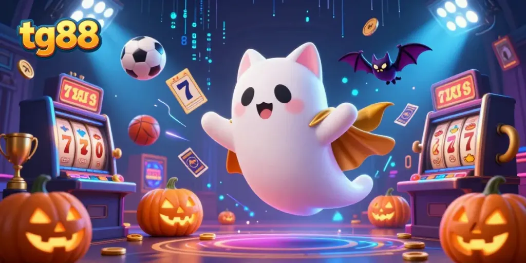 Engage in thrilling gambling at tg88 with a friendly ghost cat in a haunted casino mansion, surrounded by vibrant gaming elements.