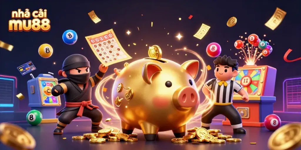 Engage with exciting gambling action at nhà cái mu88 featuring dynamic cartoon characters in a vibrant casino scene.