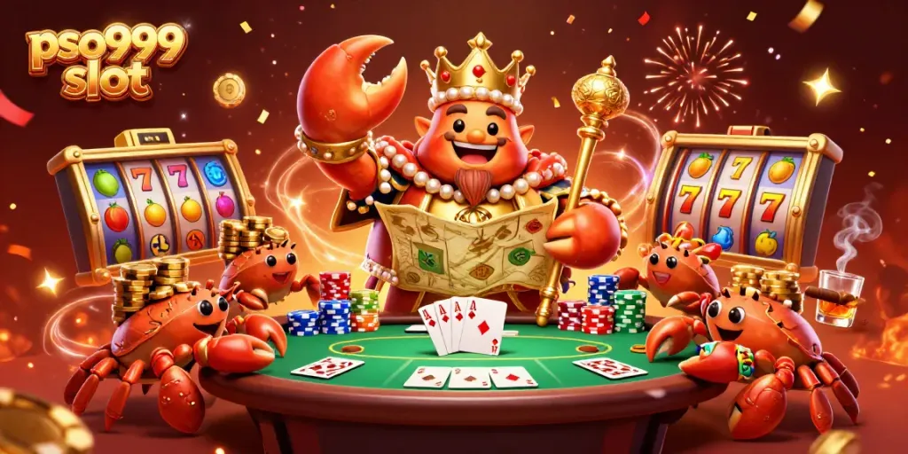 Experience thrilling gaming with pso999 slot, featuring a golden crab emperor and dynamic casino elements.