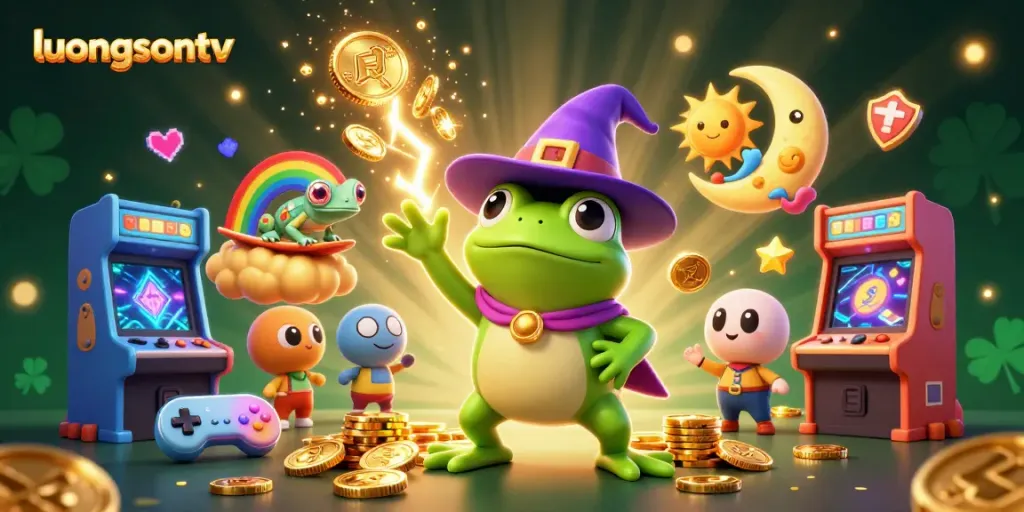 luongsontv showcases a vibrant scene of a wizard frog and chameleon celebrating casino wins with golden coins