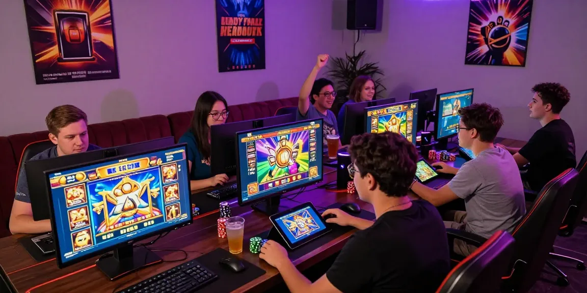 Players enjoying slot gacor games in a vibrant online gaming atmosphere with LED lights and colorful displays.