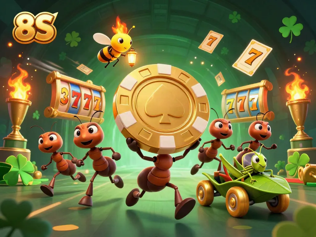 Experience the thrill of 8S gaming with a colorful cartoon heist scene featuring ants, poker chips, and slot games.