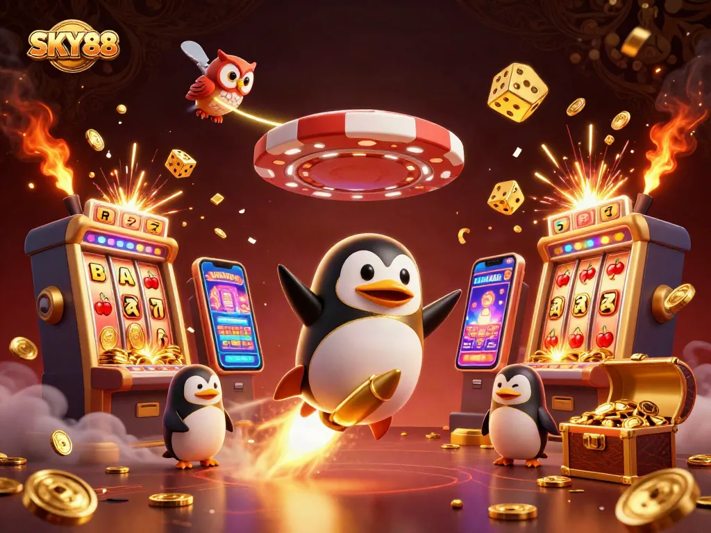 Engage with SKY88 as a golden penguin zooms towards a thrilling casino adventure