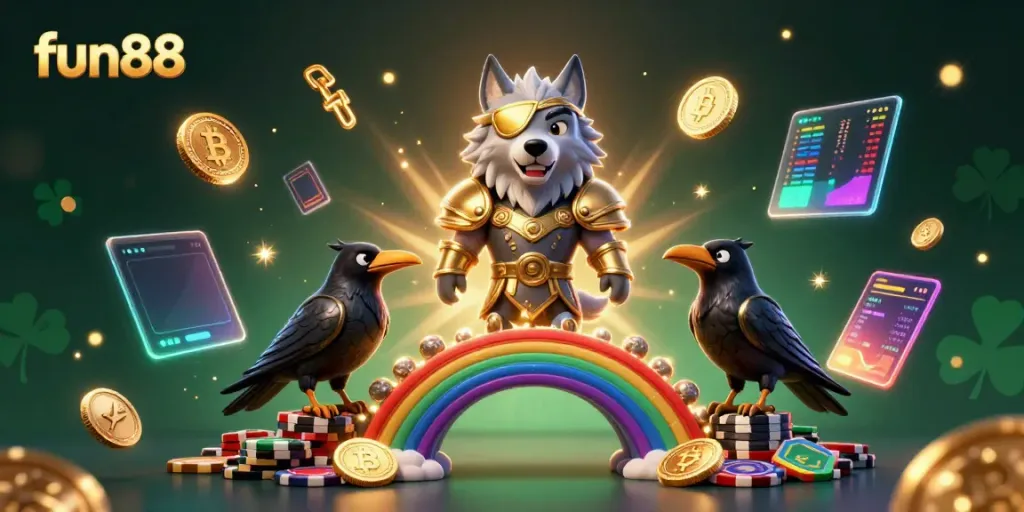 Experience fun88's exciting world with a mythic scene featuring Odin and floating crypto elements.