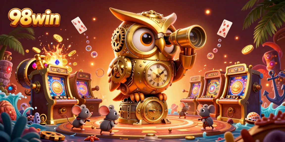 Experience the excitement of 98win with animated characters in a vibrant casino setting.