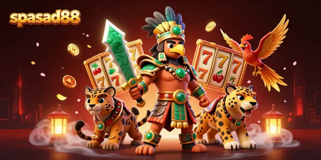 Experience the excitement at spasad88 with Aztec warriors amidst vivid slot symbols and gold coins.