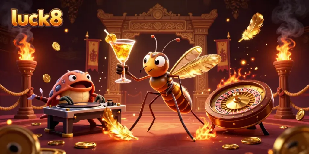 Experience luck8 with a lively 3D casino scene featuring a unique mosquito mascot and dynamic elements.