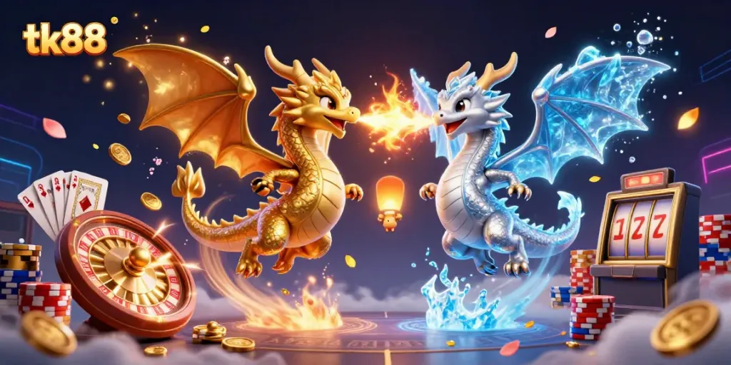 Experience the thrilling world of tk88 with dynamic dragons, gold coins, and vibrant casino elements.