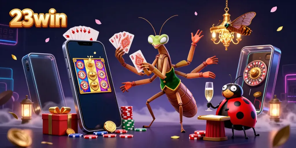 Engage in thrilling casino action with 23win's vibrant 3D illustration showcasing a giant praying mantis and ladybug pit boss amid exciting gaming elements.
