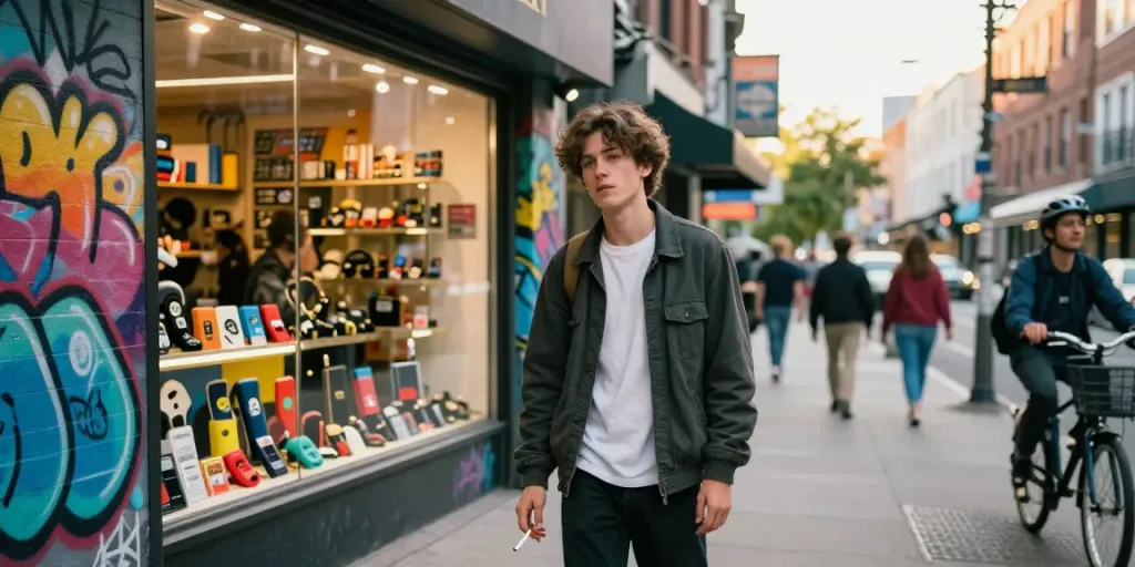 Rokok88 lifestyle scene capturing vibrant urban energy with a stylish youth in front of a smoke shop.
