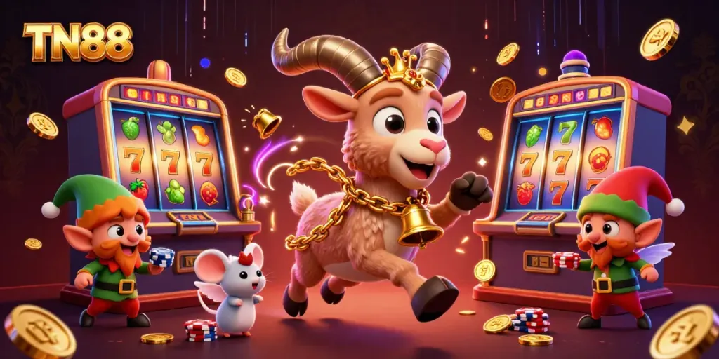 Engage with the festive TN88 casino scene featuring Krampus, mice, and gremlins in action.