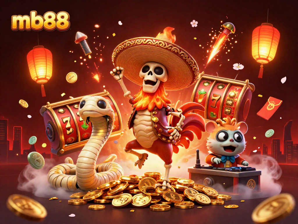 Experience the thrill of mb88 slots with a vibrant 3D illustration of a victorious mariachi rooster, spinning reels, and festive elements.