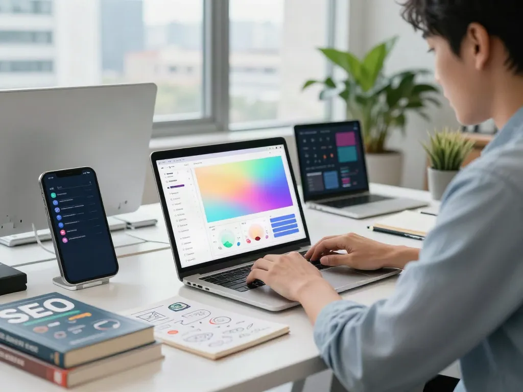 Office scene showcasing instant indexing strategies with digital marketing tools and analytics.