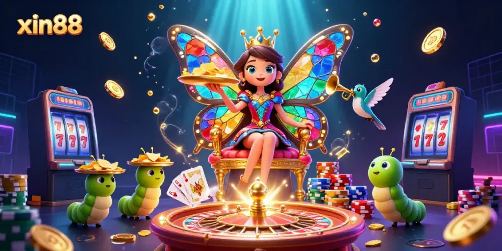 Experience thrilling wins with xin88 in a vibrant fantasy casino scene featuring rich details.