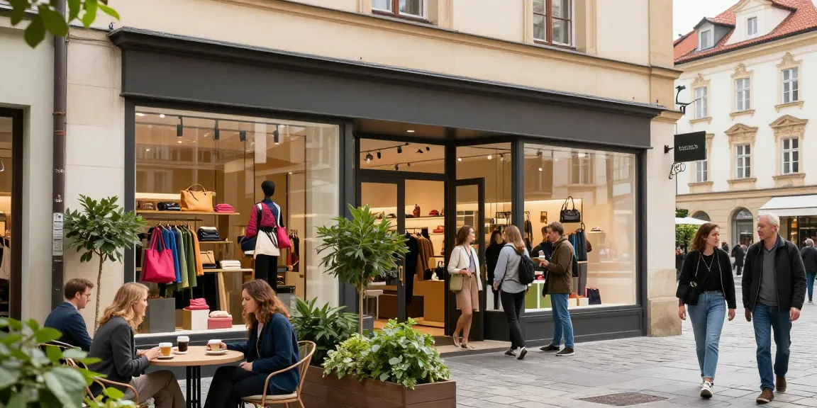 Retail space in Prague featuring an inviting storefront bustling with shoppers in an urban setting.