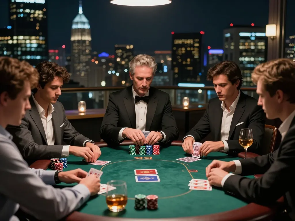 Players enjoying high-stakes poker at Fun79 with vibrant city skyline backdrop.