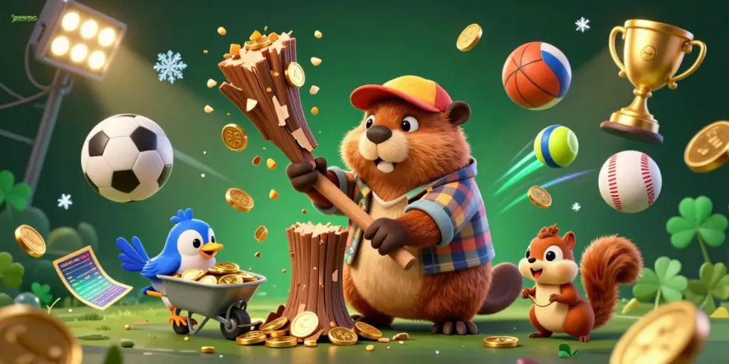 Experience the excitement of jambitoto as the joyful lumberjack beaver collects golden coins in a vibrant casino scene.