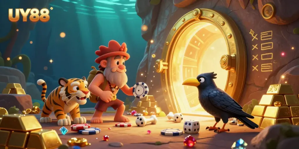 Experience the excitement of UY88 in a prehistoric casino with treasures, gold, and gems.