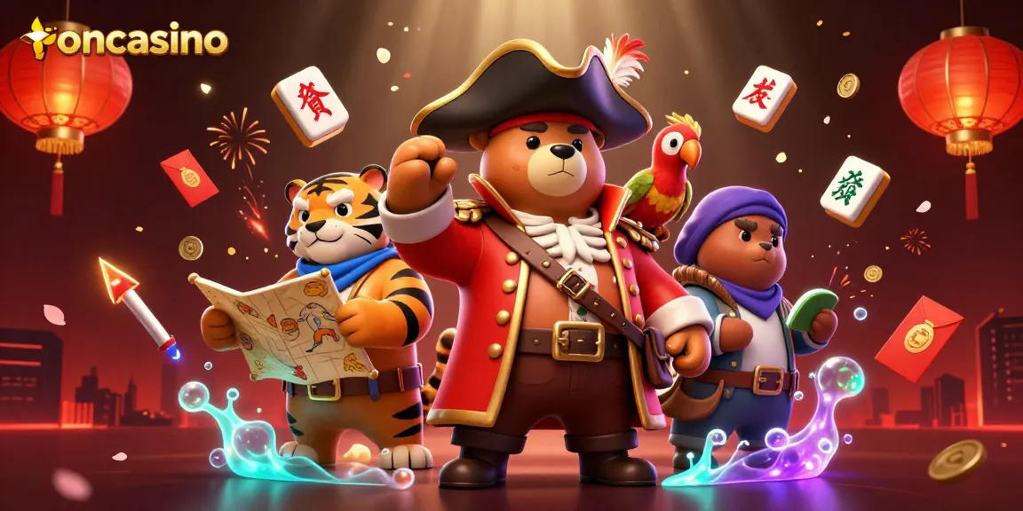 Experience the thrill of ioncasino with a dynamic illustration featuring a pirate captain bear, a fierce tiger, and energetic game elements.