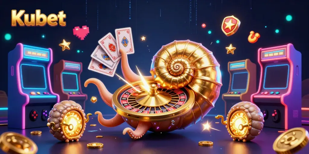 Kubet's dazzling online casino scene with an ancient nautilus as a roulette wheel, captivating gamers in a colorful arcade.