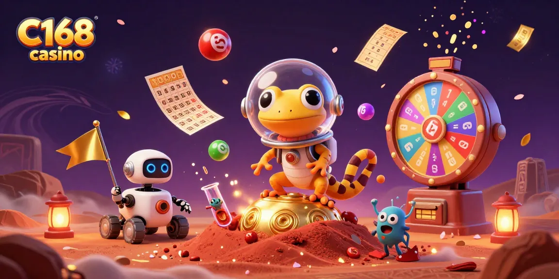 C168 casino animated scene showcasing a Martian gecko exploring a hidden casino under red sands, rich with game elements.