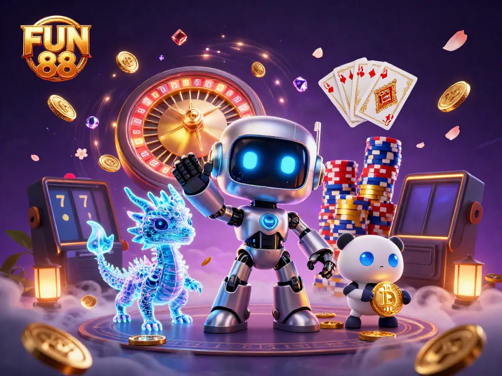 Play at FUN 88 with vibrant characters and dynamic casino elements flying around.