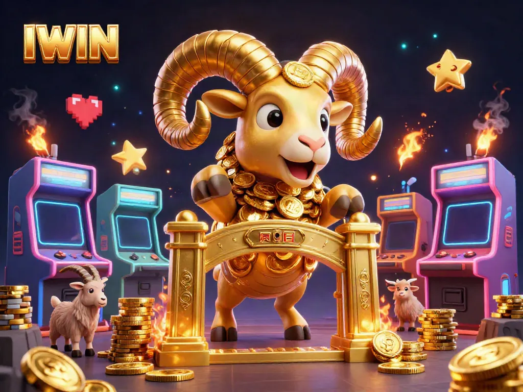 IWIN showcases an electrifying scene with a golden ram charging through a vibrant casino landscape filled with arcade elements.
