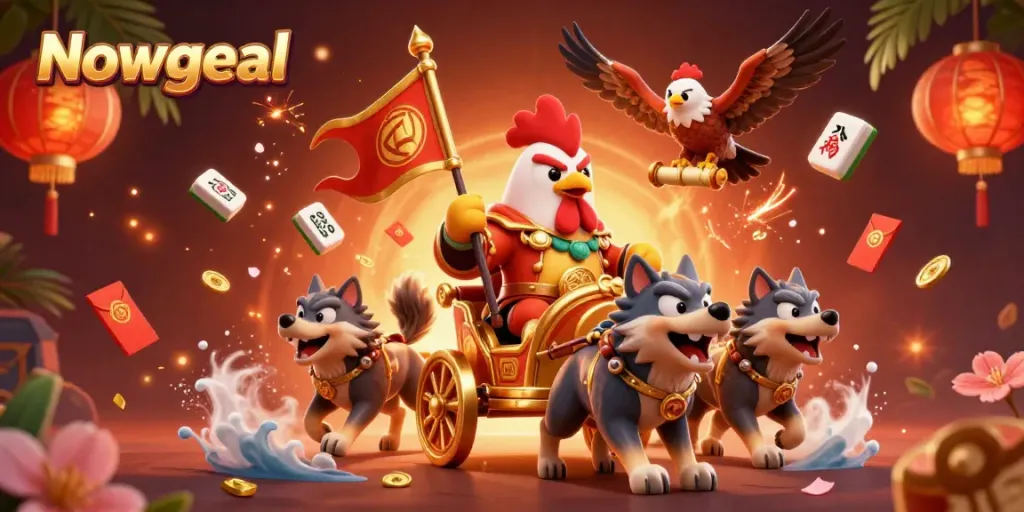 Experience Nowgoal's dynamic betting realm with a fierce rooster warlord and treasure-filled scene.