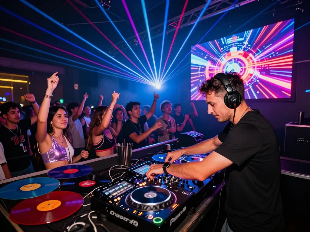 Energetic DJ at an 8Day electronic music event with vibrant lights and a lively crowd.