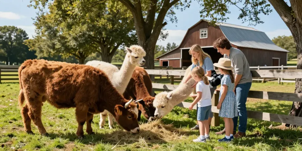 Mini moos farm scene with Mini Highland cows and happy families enjoying quality time outdoors.