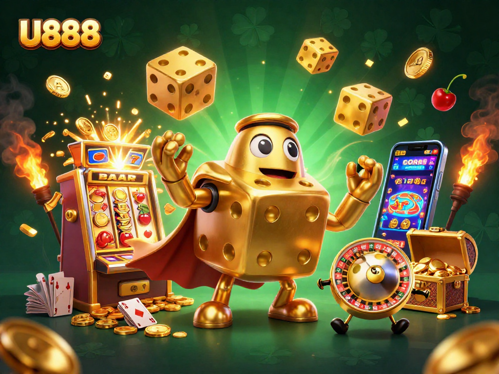 Experience the thrill of U888 with vibrant golden dice and jackpot symbols flying in a dynamic casino scene.