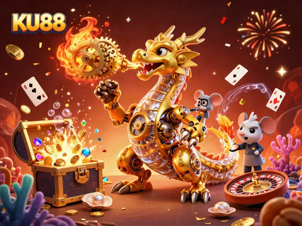 Spin and win at KU88's casino with a dynamic scene featuring a dragon and treasure!