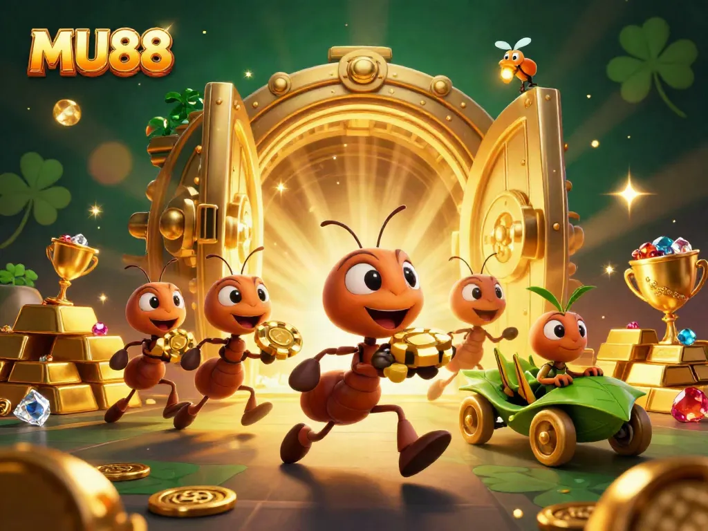 Engage in MU88's thrilling heist scene with cartoon ants, golden poker chips, and sparkling treasures.