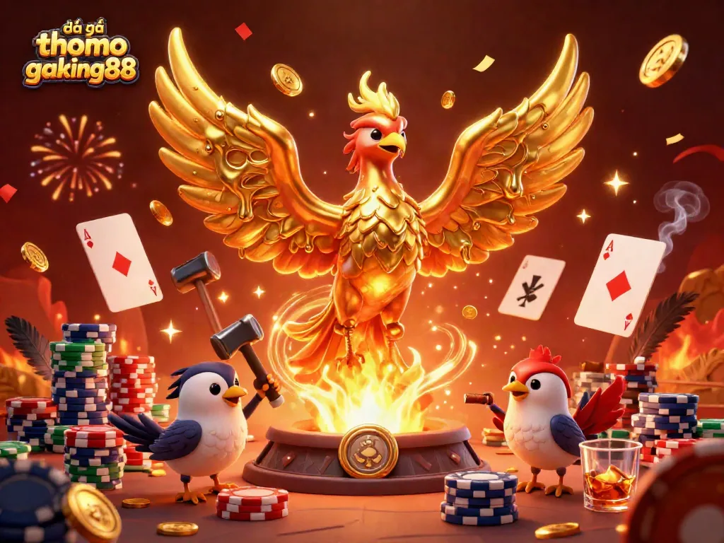Engage with the thrilling đá gà thomo gaking88 experience featuring a molten phoenix and vibrant cockfighting elements.