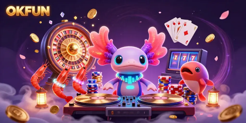 Experience the electrifying vibe at OKFUN Casino with lively characters surrounded by casino icons.