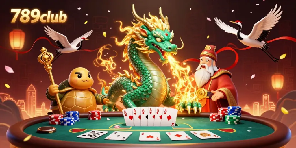 Experience the excitement of 789club with a vibrant dragon, turtle sage, and cranes amid poker elements.