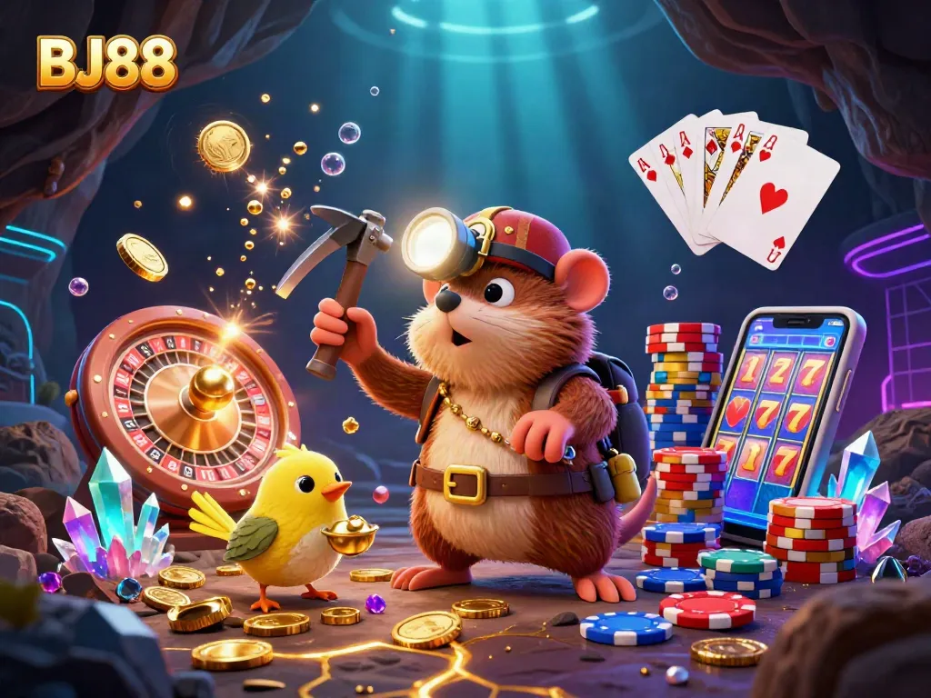 BJ88 offers an exciting treasure-hunting adventure in this vibrant casino scene filled with gold coins and games.