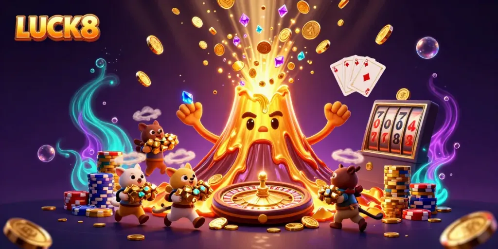 LUCK8 erupts with coins and treasures in a vibrant casino-themed illustration.