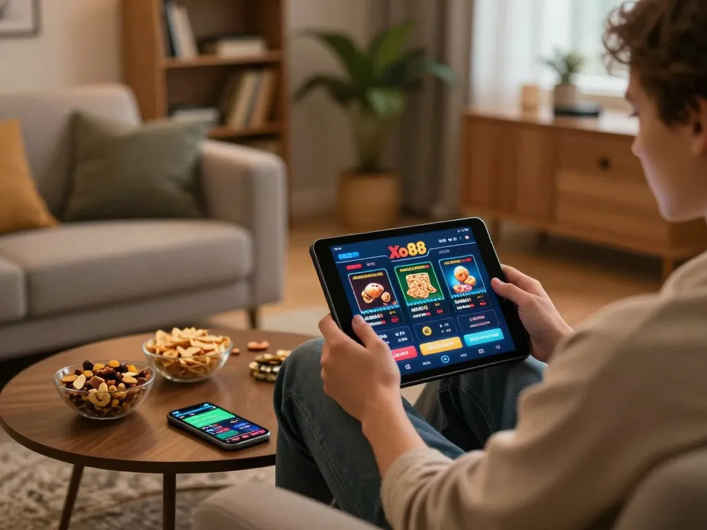 Engaging in online gaming at home while using Link đăng ký Xo88 on a tablet, showcasing dynamic strategies.