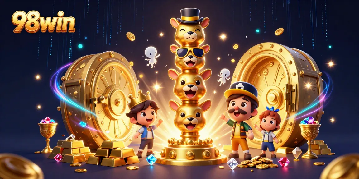 Experience the thrill of winning at 98win with vibrant casino elements and dynamic characters.