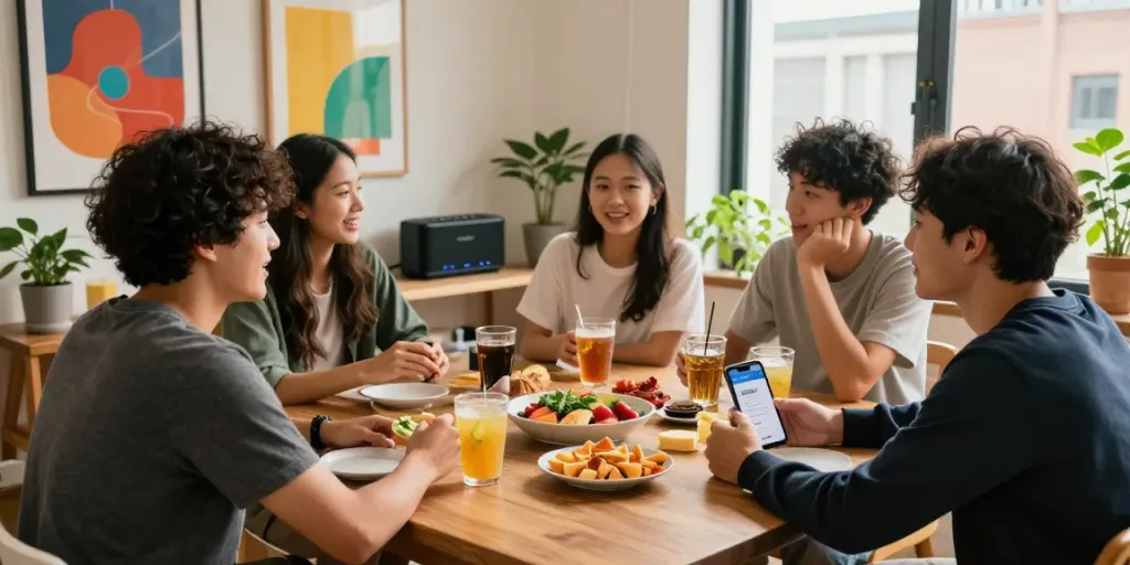 Group of friends enjoying rokok88-themed gathering in a modern urban apartment with vibrant snacks and drinks.