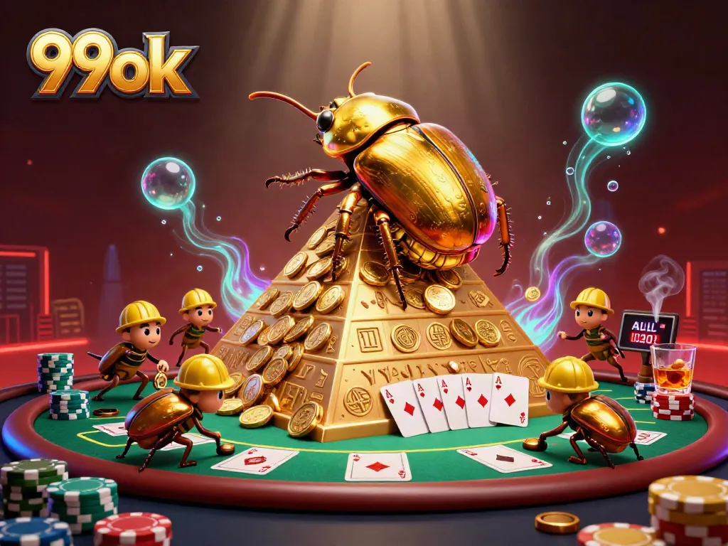 Engage with the immersive world of 99ok as golden beetles navigate a casino pyramid filled with gambling symbols.