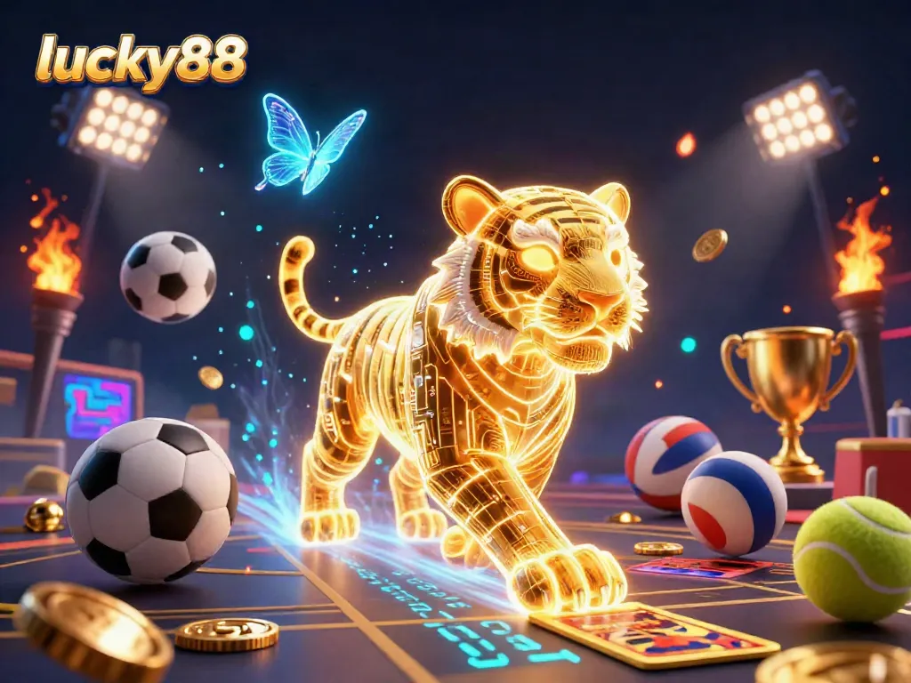 Experience thrilling wins at lucky88 with an energetic digital casino scene featuring vibrant 3D casino elements.