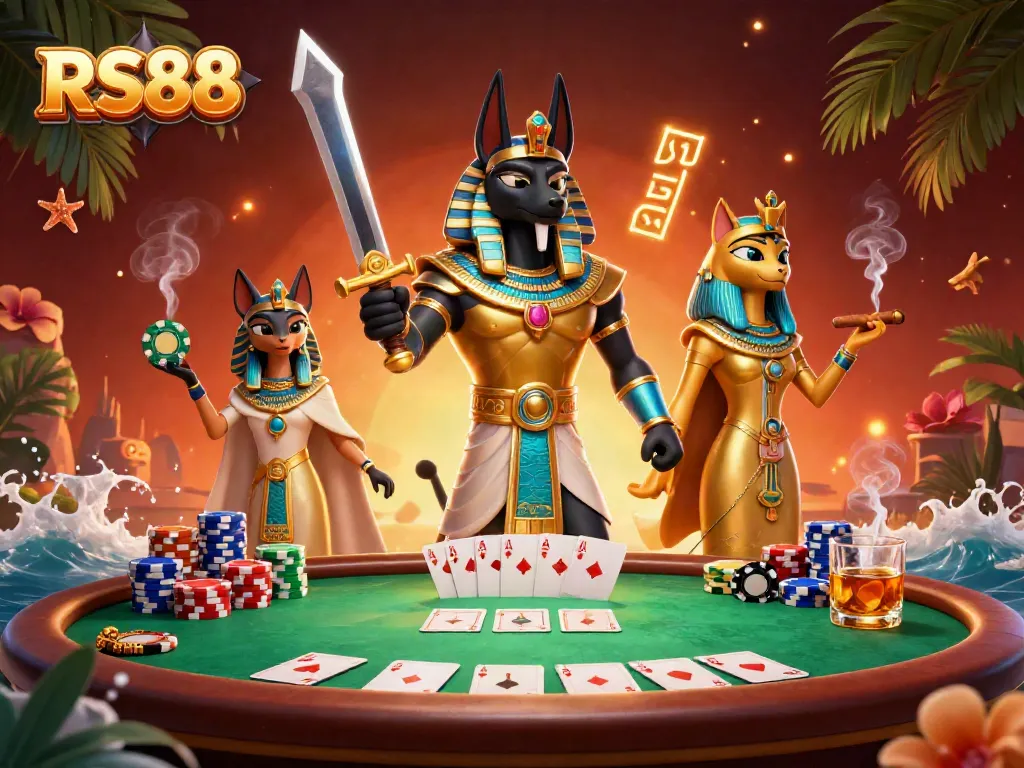 Play exciting poker with RS88 in a dynamic scene featuring Anubis and Bastet.