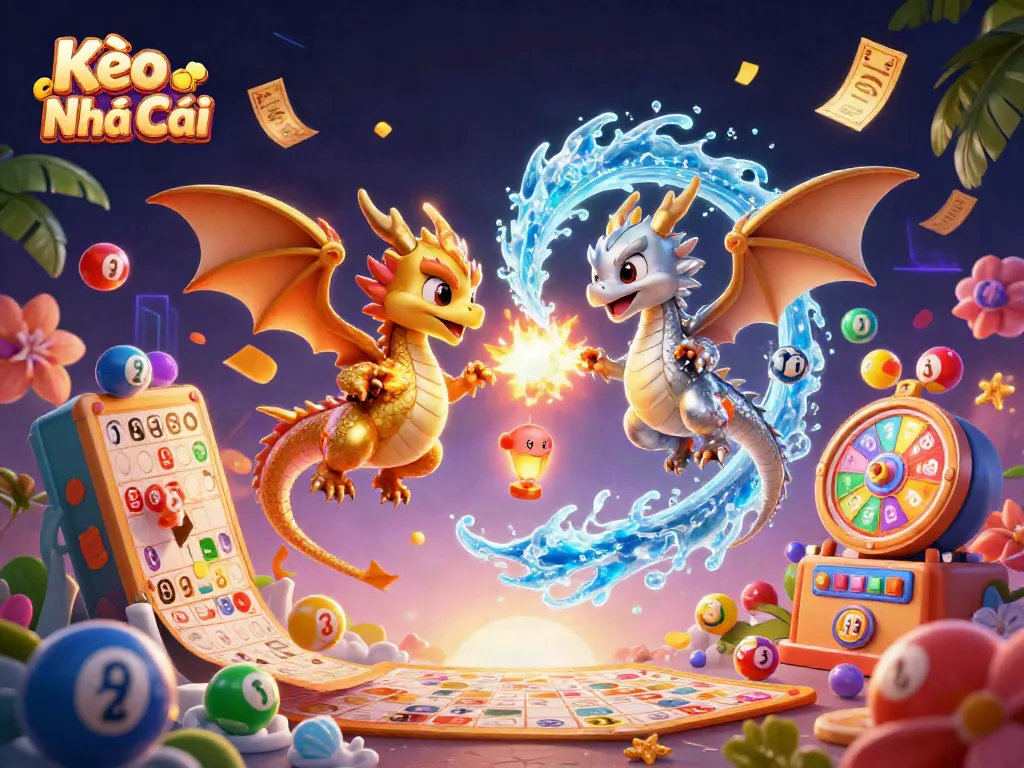 Kèo Nhà Cái showcases a vibrant illustration of golden and silver dragons, surrounded by dynamic lottery elements and a rich casino atmosphere.