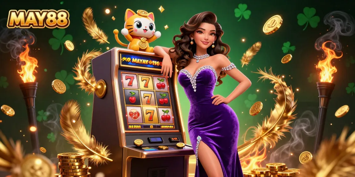 MAY88 showcases a stunning jackpot scene with a glamorous character and lucky cat mascot, representing excitement in gaming.