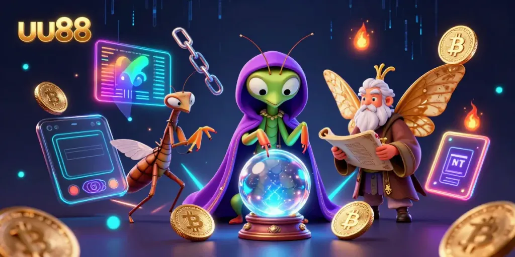 Experience the intriguing universe of uu88 with a mystical fortune teller, vibrant coins, and engaging casino games.