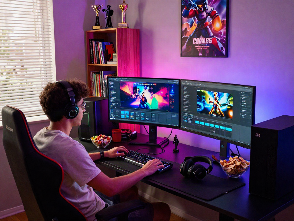 Gamer enjoying html porn games in a vibrant gaming setup with multiple screens and colorful LED lights.