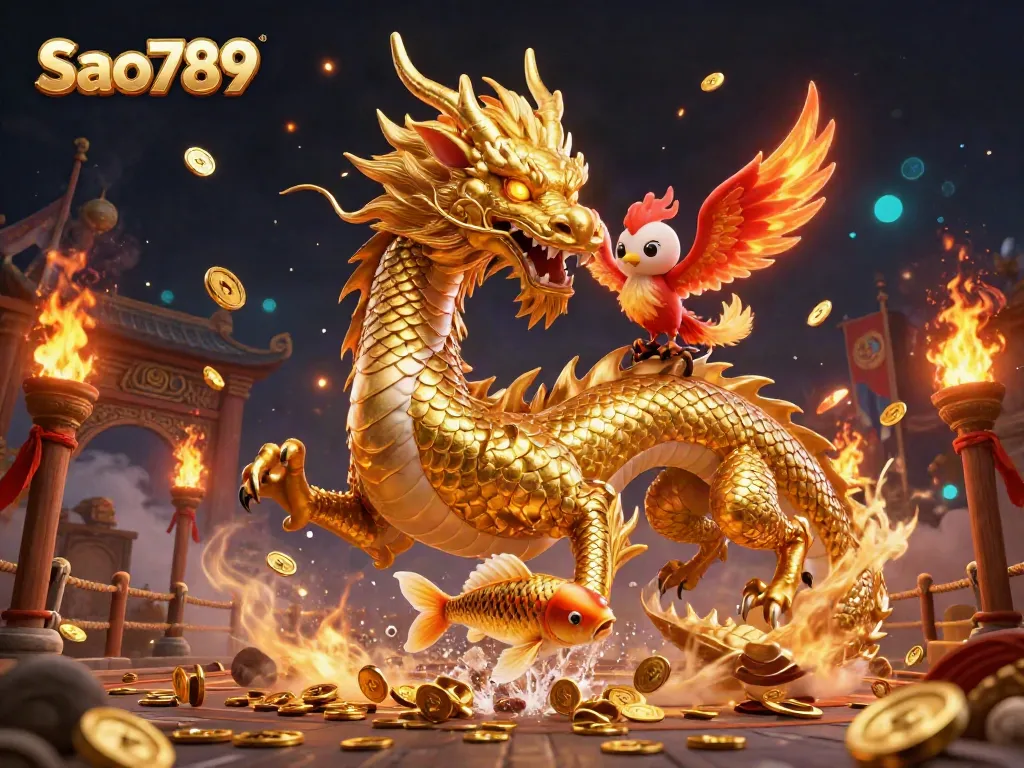 Engage with Sao789 as a golden dragon, phoenix, and koi fish fill the scene with winning energy.